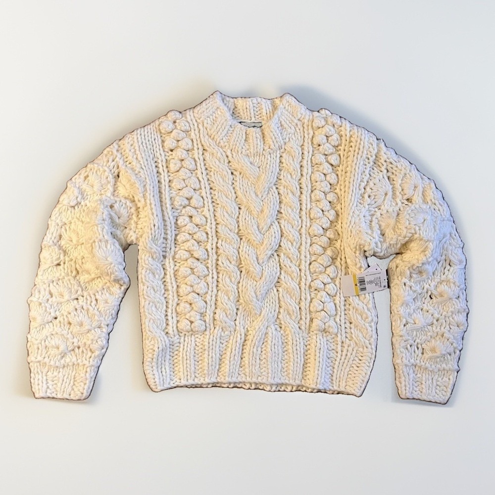 Karen Kane Sweater Womens Medium White Hand Knit Chunky Cable Pink Champagne